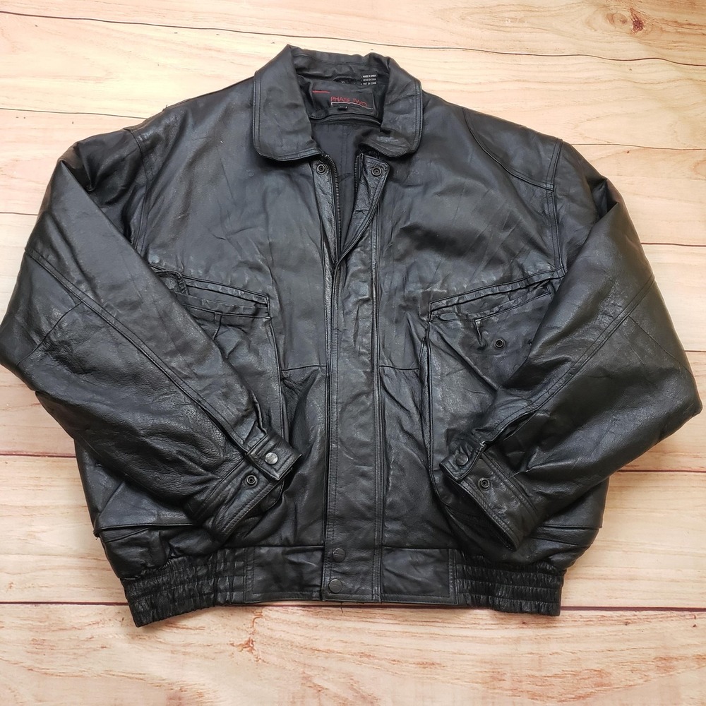 Phase‎ Two Leather Jacket Mens XL Black Bomber Full Zip Insulated Lined Pockets